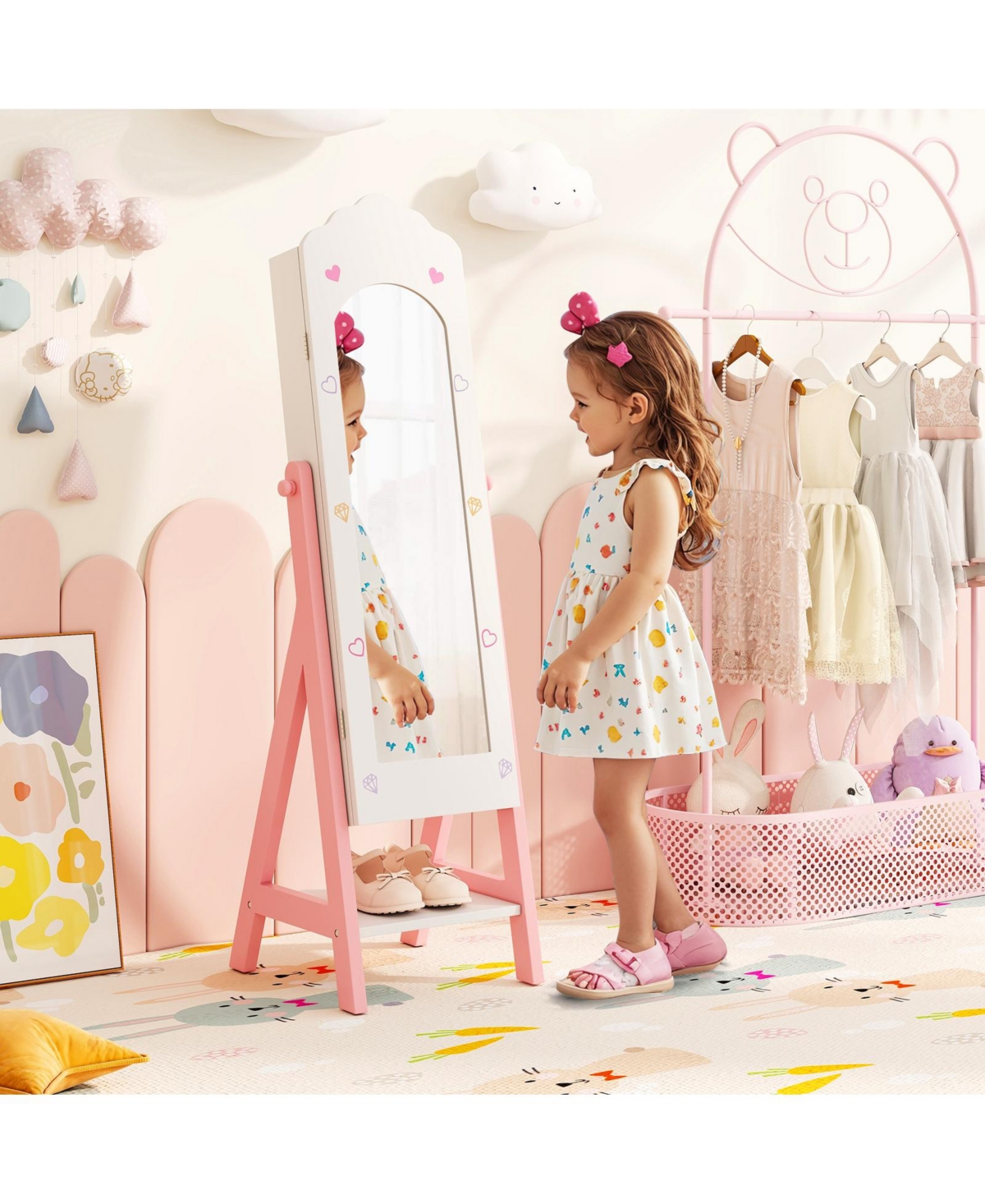 Kids Jewelry Cabinet with Full-Length Mirror, Freestanding Jewelry Armoire Organizer for Girls