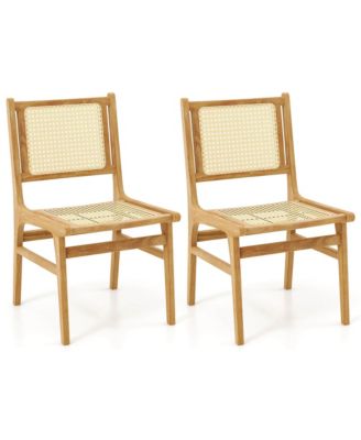 2 PCS Rattan Dining Chair with Natural Cane Woven Backrest & Seat & Teak Wood Frame