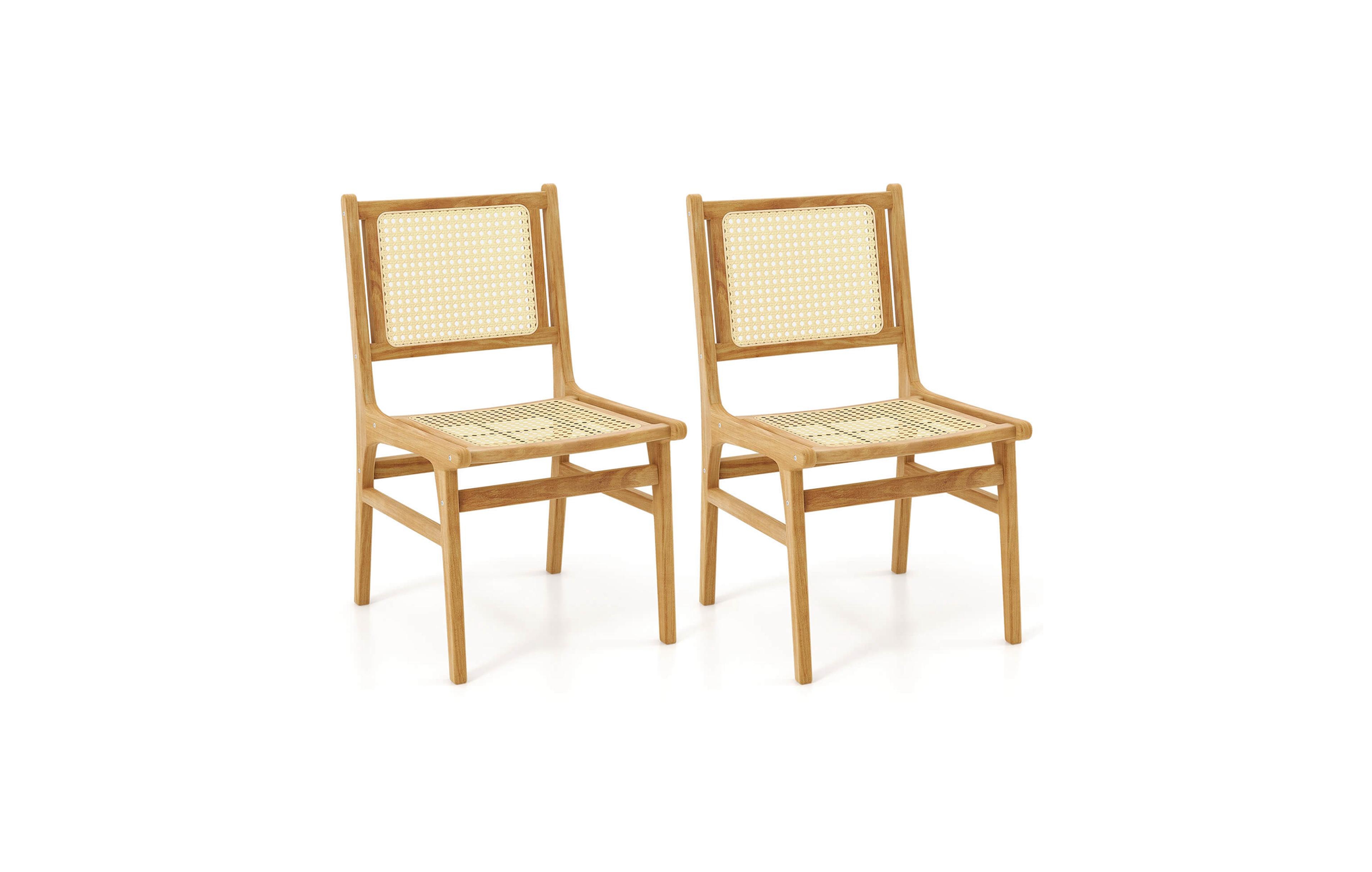 2 Pcs Rattan Dining Chair with Cane Woven Backrest Seat Teak