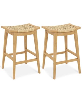2 PCS 29" Teak Wood Bar Stool with Footrest & Saddle Seat Boho Bar Height Stool
