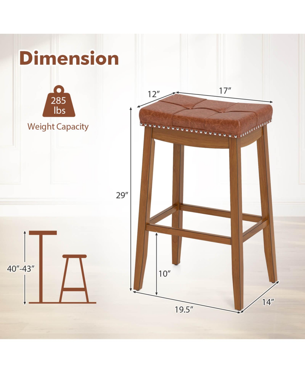 29" Bar Height Stools Set of with Pu Leather Seat Solid Rubber Wood Frame