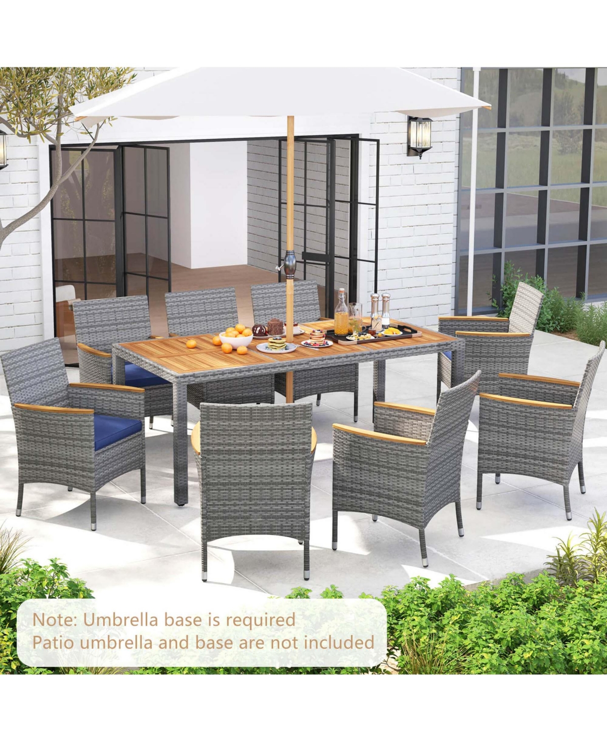 9 Pcs Patio Dining Set for 8 Table and Pe Rattan Chairs with 2" Umbrella Hole