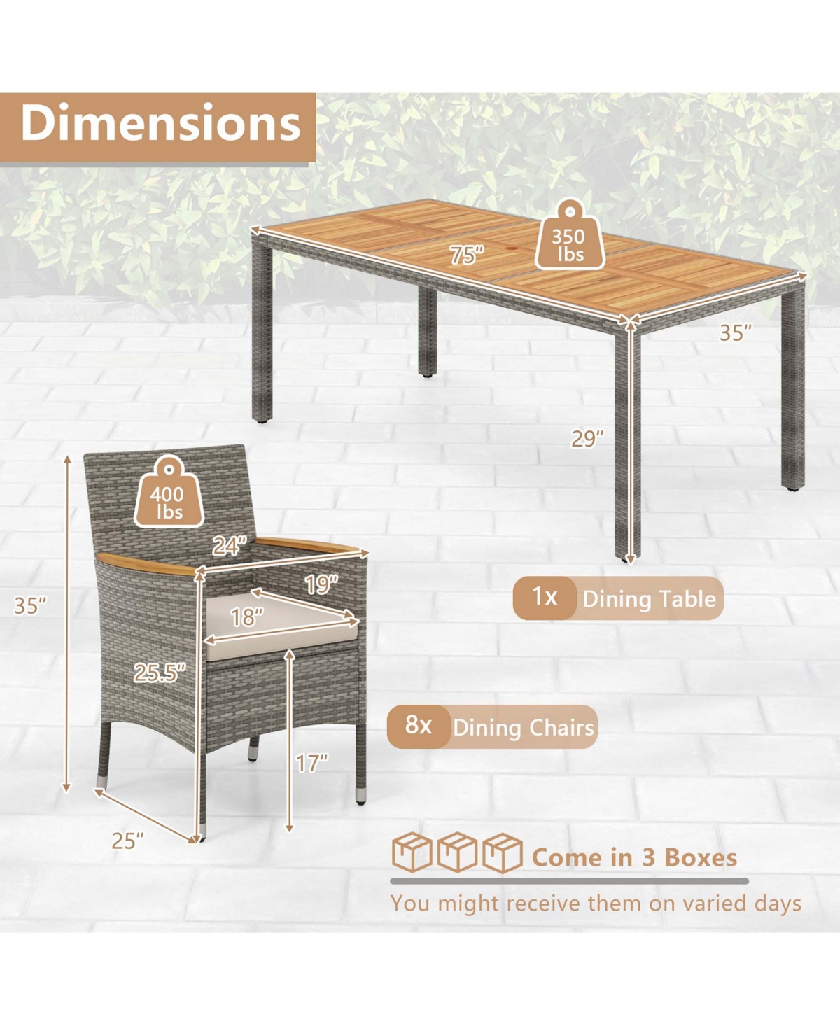 9 Pcs Patio Dining Set for 8 Table and Pe Rattan Chairs with 2"