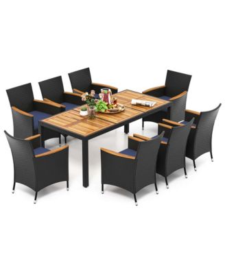 9 PCS Outdoor Dining Set with Acacia Wood Tabletop, Umbrella Hole, Seat Cushions