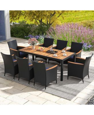 9 PCS Outdoor Dining Set with Acacia Wood Tabletop, Umbrella Hole, Seat Cushions
