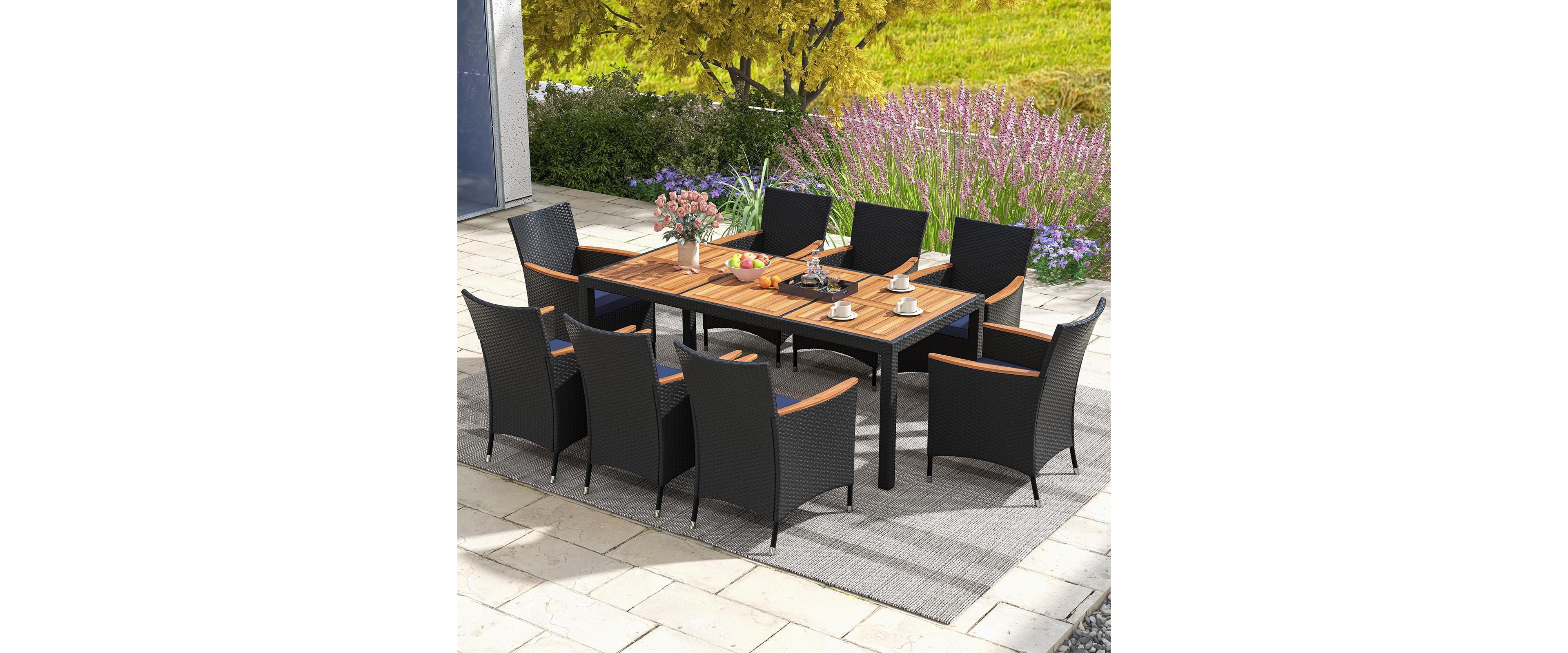 Costway 9 Pcs Outdoor Dining Set with Acacia Wood Tabletop, Umbrella Hole, Seat Cushions