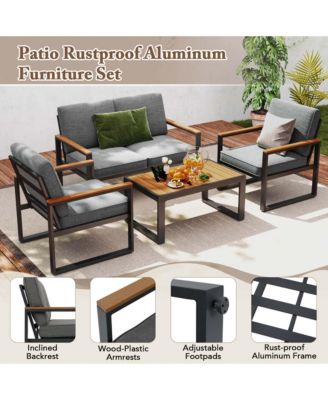 4 PCS Patio Aluminum Furniture Set Wood-Plastic Armrests & Tabletop for Balcony