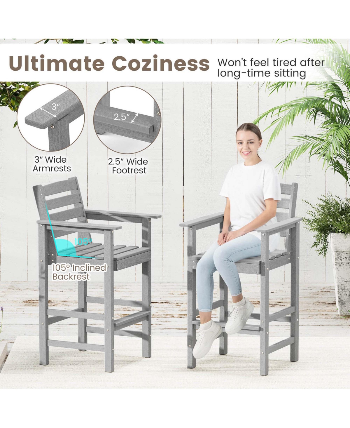 3-Piece Patio Hdpe Bar Set Armchairs with Square High-Top Table Footrest and Backrest