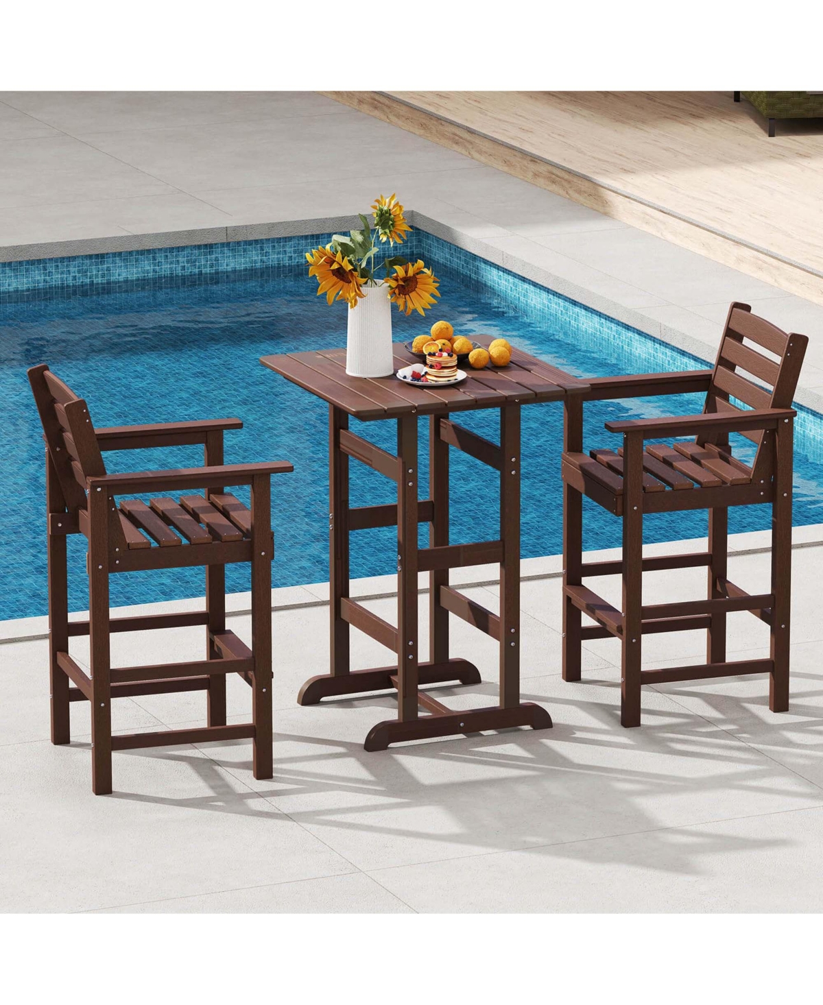 3-Piece Patio Hdpe Bar Set Armchairs with Square High-Top Table Footrest and Backrest