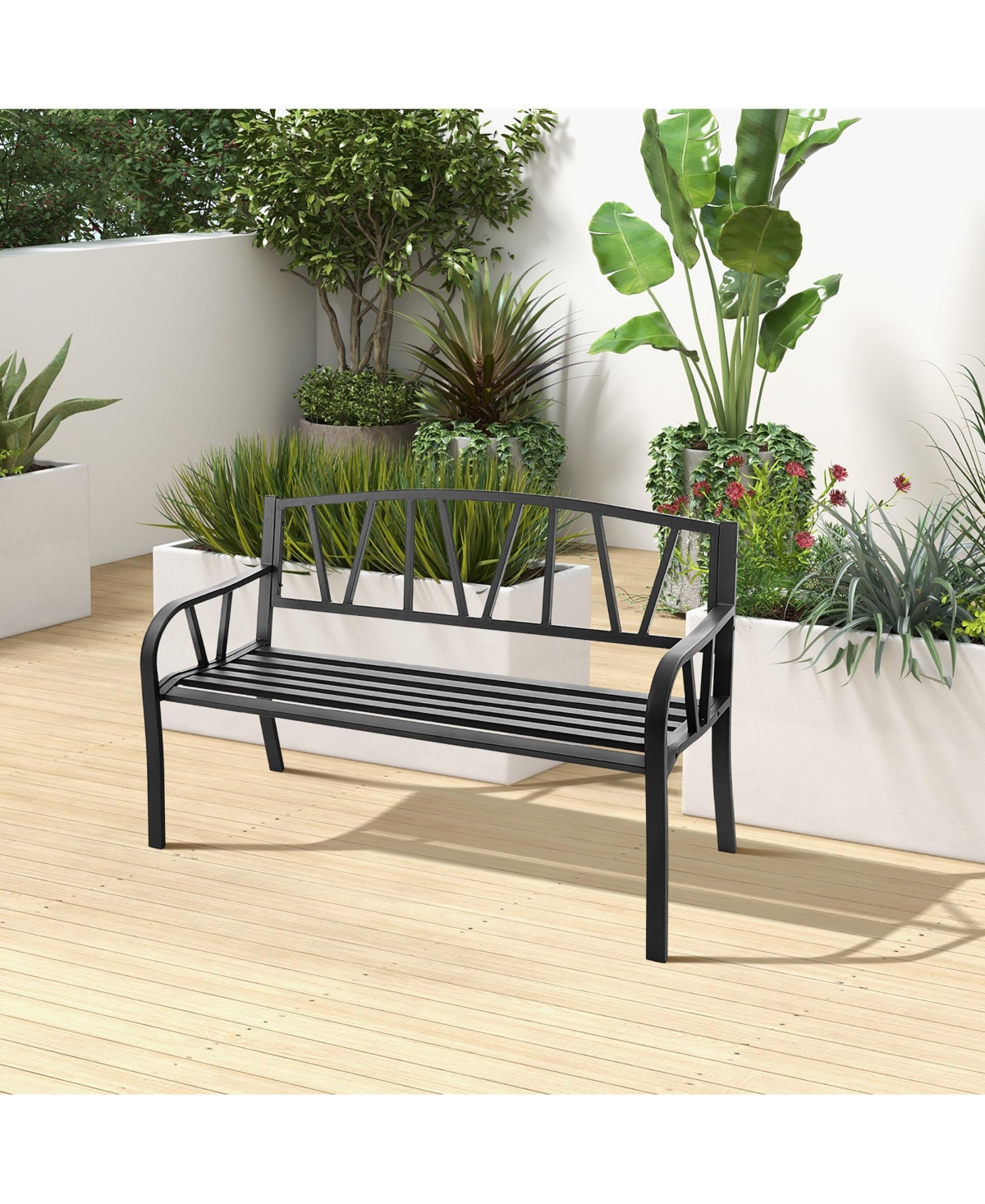 Outdoor Patio Garden Bench Metal Frame with Ergonomic Armrest 660 Lbs Max Load