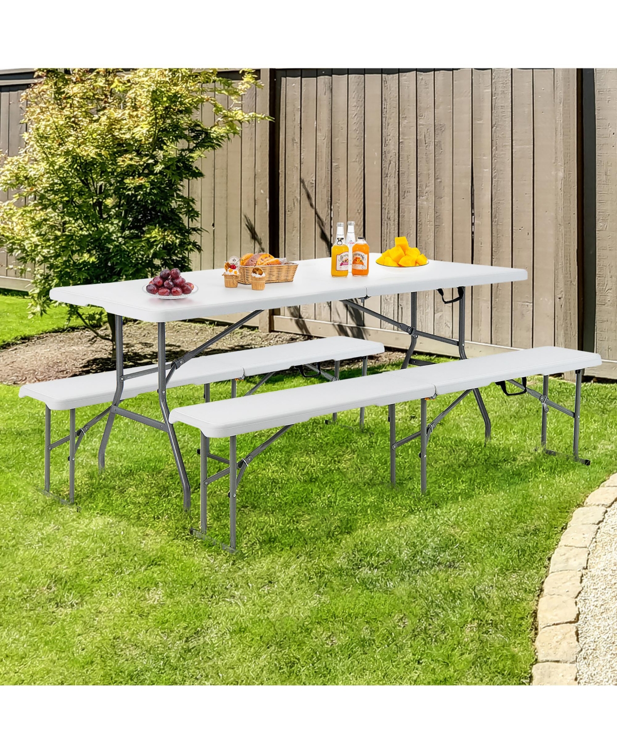 Outdoor Camping Table Set Folding Picnic Long Table with 2 Bench Seats