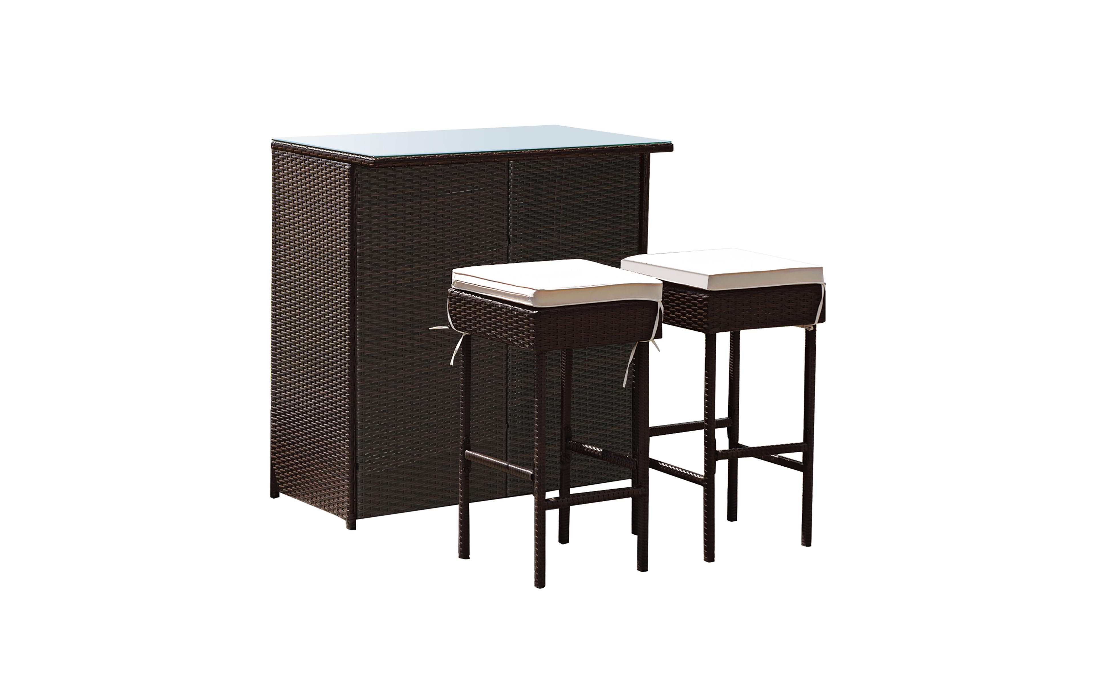 3PCS Patio Rattan Wicker Bar Table Stools Dining Set Cushioned