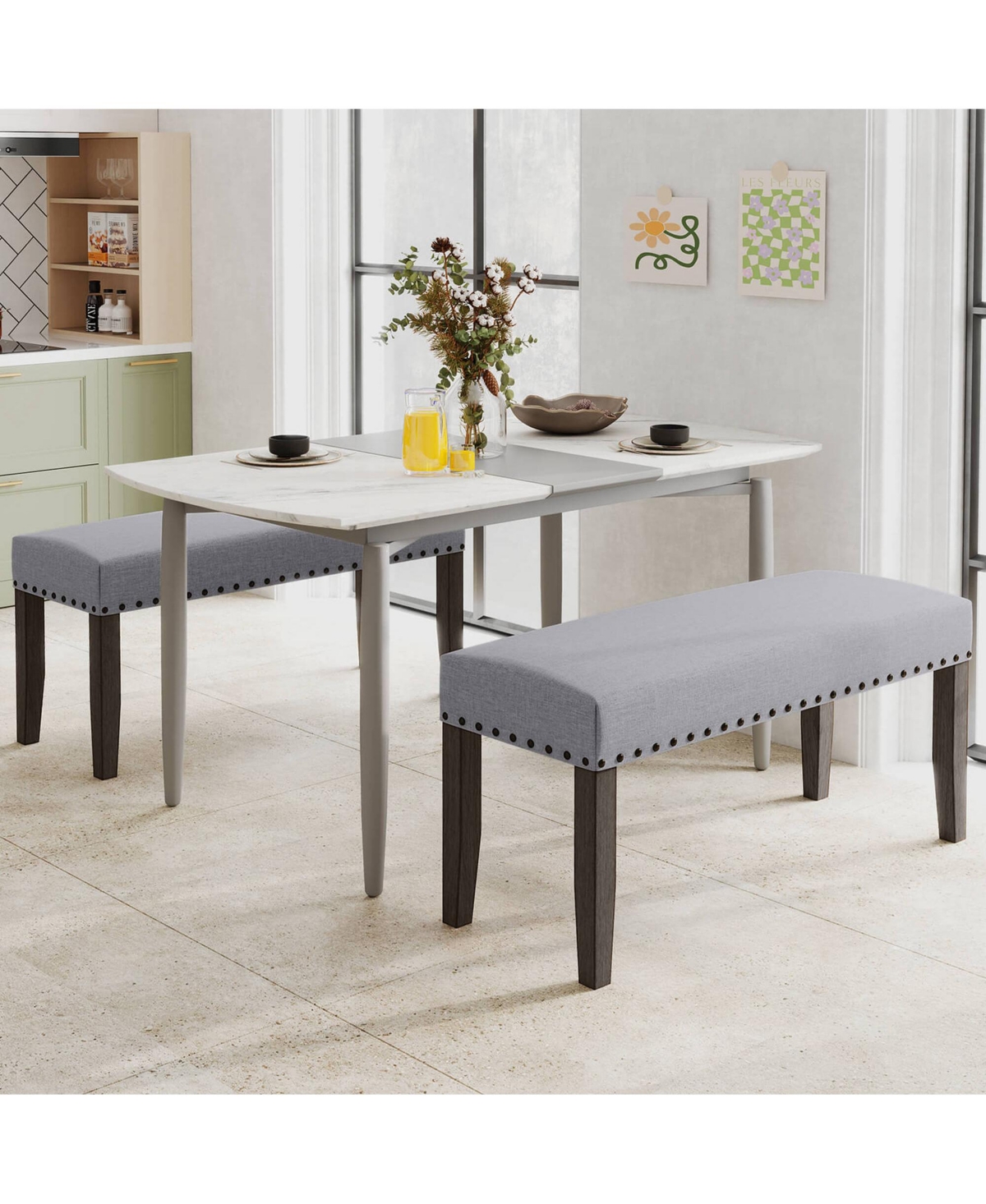 2 Pcs 42.5" Upholstered Entryway Bench with Nailhead Trim Soft Padded Cushion Indoor