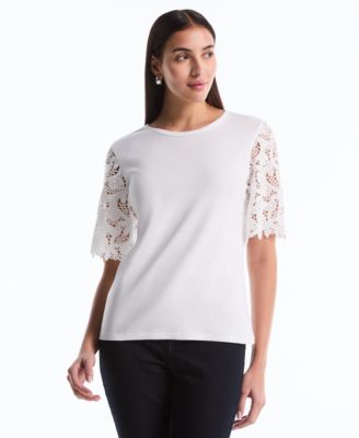 Petite Draped Lace Crew Neck Top