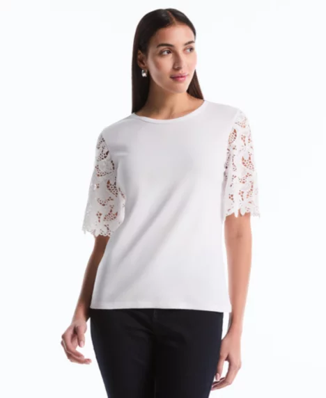 Petite Draped Lace Crew Neck Top - White