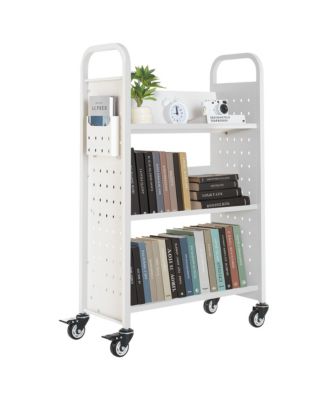 Rolling Library Book Cart - 3-Tier Single Sided L-Shaped Bookshelf with Lockable Wheels Book Truck for Home Office and School