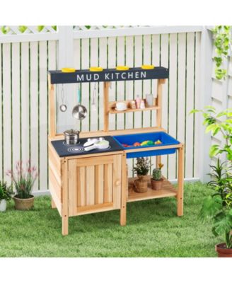 Outdoor Mud Kids Kitchen Playset with Wooden Design and Included Kitchenware for Pretend Play
