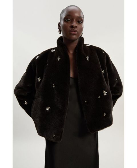 Женские куртки Karen Millen Crystal Embellished Faux Fur Short Coat