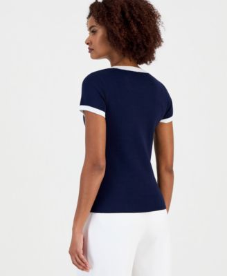 Women's Contrast-Trim Short-Sleeve Knit Top