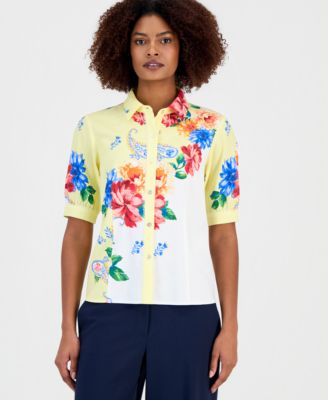 Women's Button-Front Puff-Sleeve Blouse