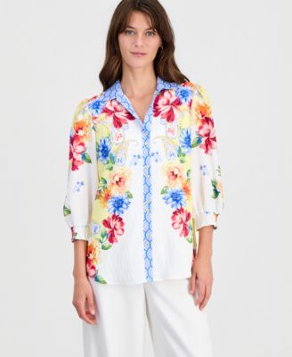 Women's Floral-Print 3/4-Sleeve Button Blouse