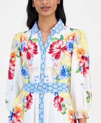 Women's Printed 3/4-Sleeve Midi Shirt Dress 