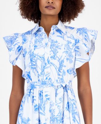 Women's Flutter-Sleeve Ruffled-Hem Shirt Dress