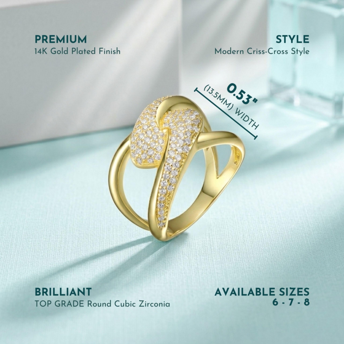 Ra 14K Gold Plated Round Cubic Zirconia Modern Bypass Ring