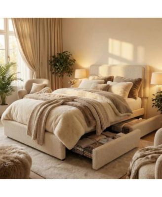 Teddy Fleece Bed Frame, Cloud Bed Frame with 2 Storage Drawer and Adjustable Headboard