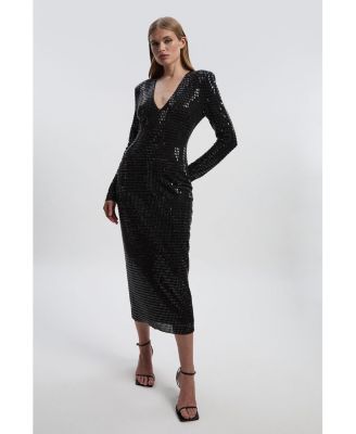 Women's Long Sleeve Plunge Neck Midi Dress