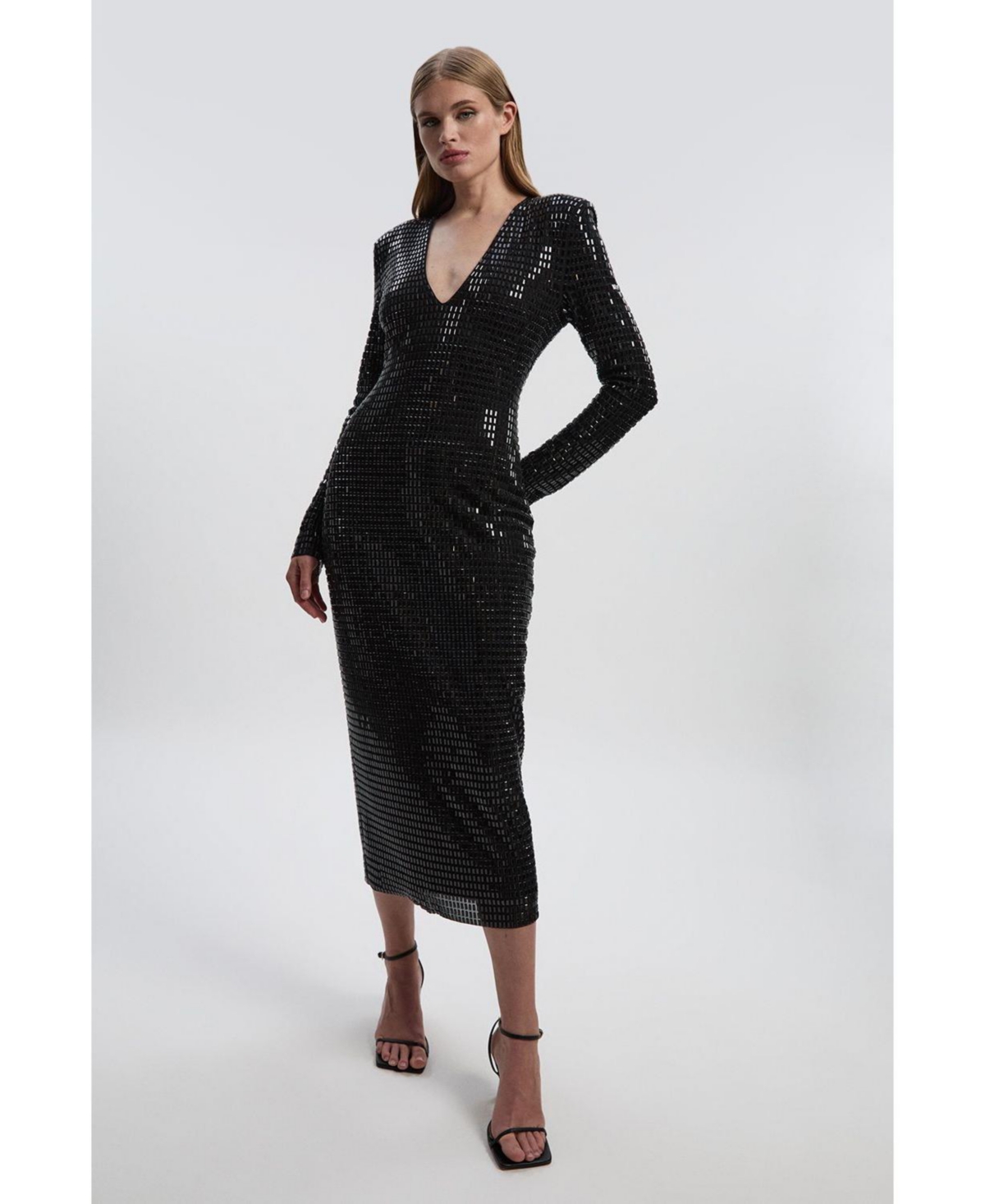 Karen Millen Women's Long Sleeve Plunge Neck Midi Dress