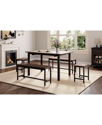 5-Piece Extendable Dining Table Set for 4-8 People, 63 Inch Kitchen Table with 2 Benches & 2 Stools