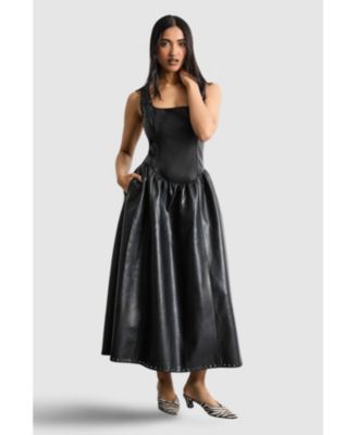 Women's Faux Leather Whipstitch Trim Midi Dress
