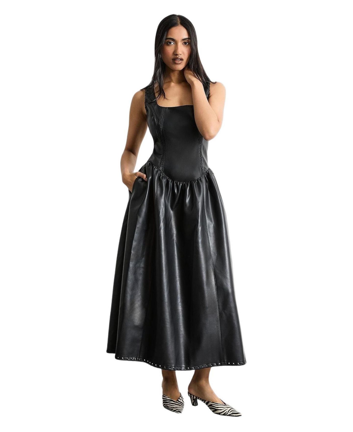 Женское платье Warehouse Faux Leather Whipstitch Trim Midi, цвет: Чёрный — фото 1