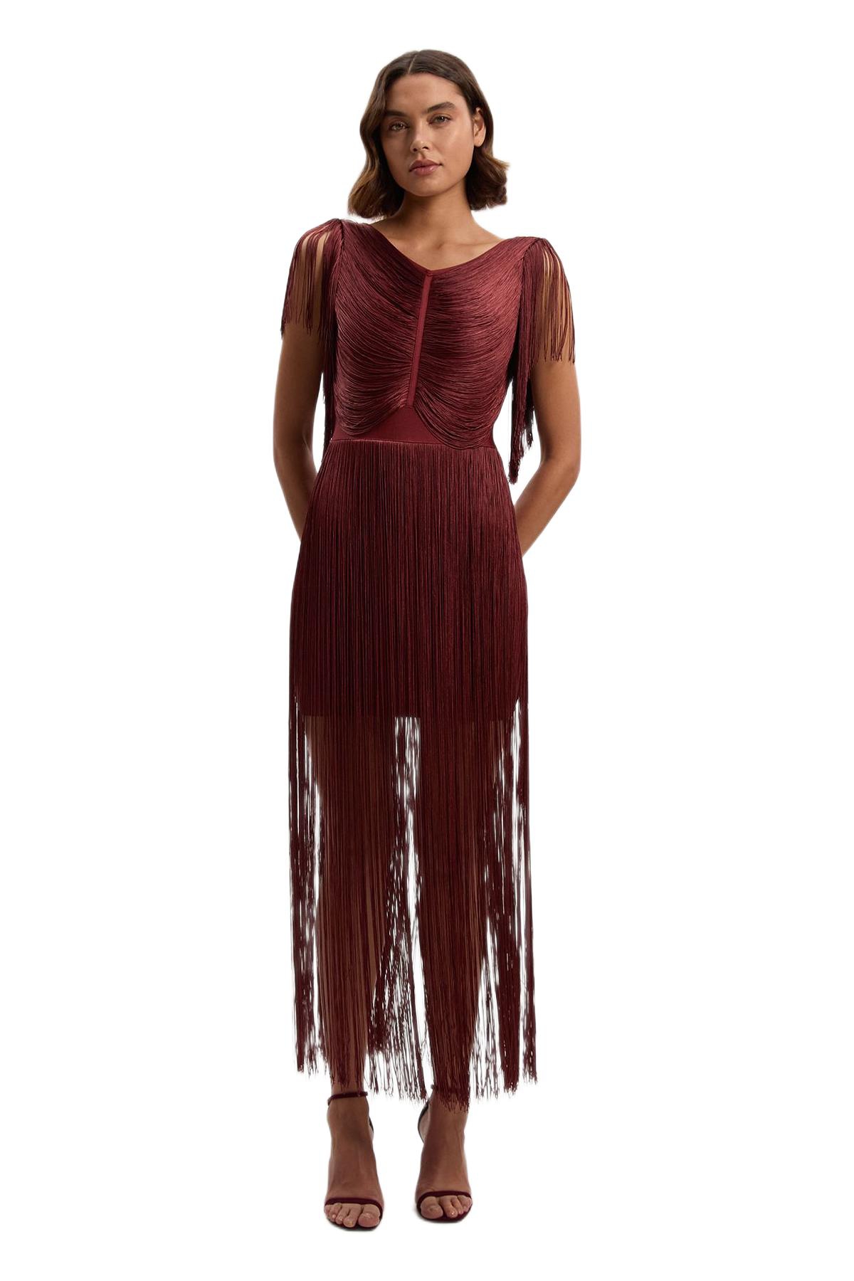 Karen Millen Women's Maxi Draped Fringe Knitted Mini Dress