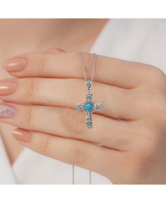 925 Sterling Silver 18 Inch Oxidized Simulated Turquoise Religious Faith Cross Necklace