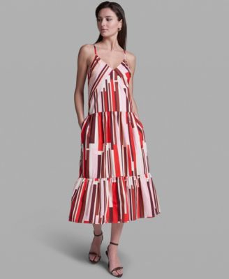 BCBG - Women's Sleeveless Spaghetti Straps V-Neck Geometric Print Tiered Midi Dress