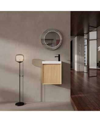 Wall Mounted Bathroom Vanity with Resin Sink, Modern 3D Stripe Door & Soft Close, 18.5" Natural Small Space Storage Cabinet