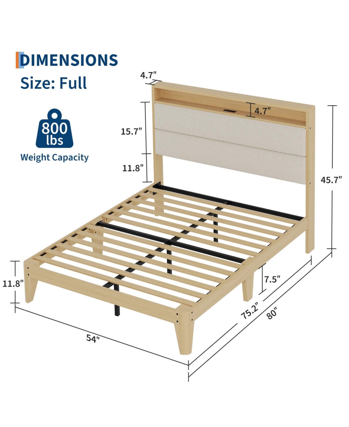 gaomon Boucle Upholstered Bed Frame with Led Lights and Charging Station with 2-Tier Storage Shelves