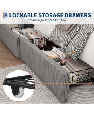 Corduroy Wingback Upholstered Platform Bed Frame with Storage Drawers, Wood Slat Support