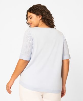 Plus Size Mixed Cable Round Hem Crewneck Sweater