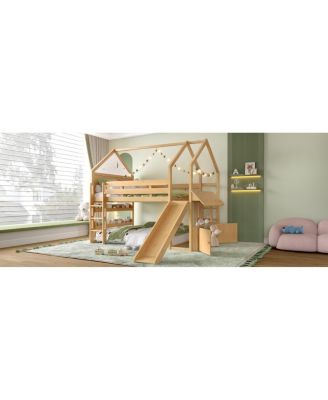 Loft Bed with Bookshelf and Slide for Kids