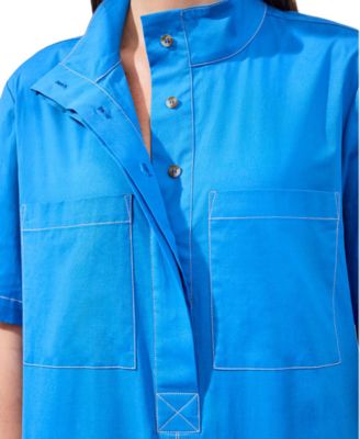 Women's Button-Front Stretch Poplin A-Line Dress