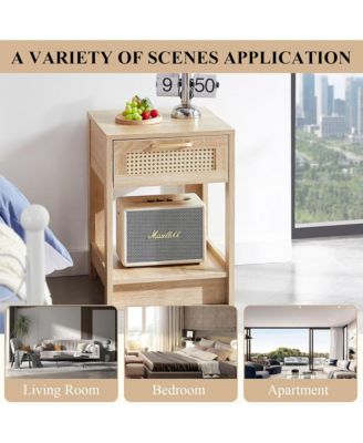 Wooden Rattan Nightstand with Drawer and Open Storage Shelf – End Table