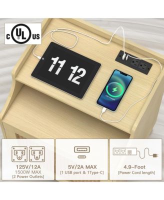 Wood Nightstand with Charging Station, Bedside Table with Rattan Door and Adjustable Shelf, Farmhouse Side Table for Bedroom