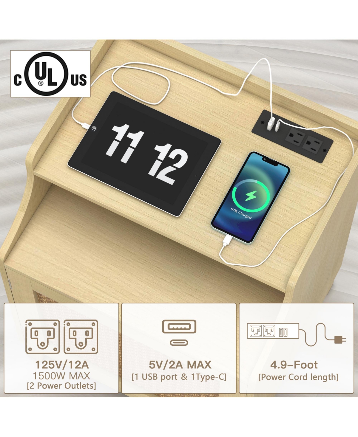 Rainsken Wood Nightstand with Charging Station, Bedside Table with Rattan Door and Adjustable Shelf, Farmhouse Side Table for Bedroom