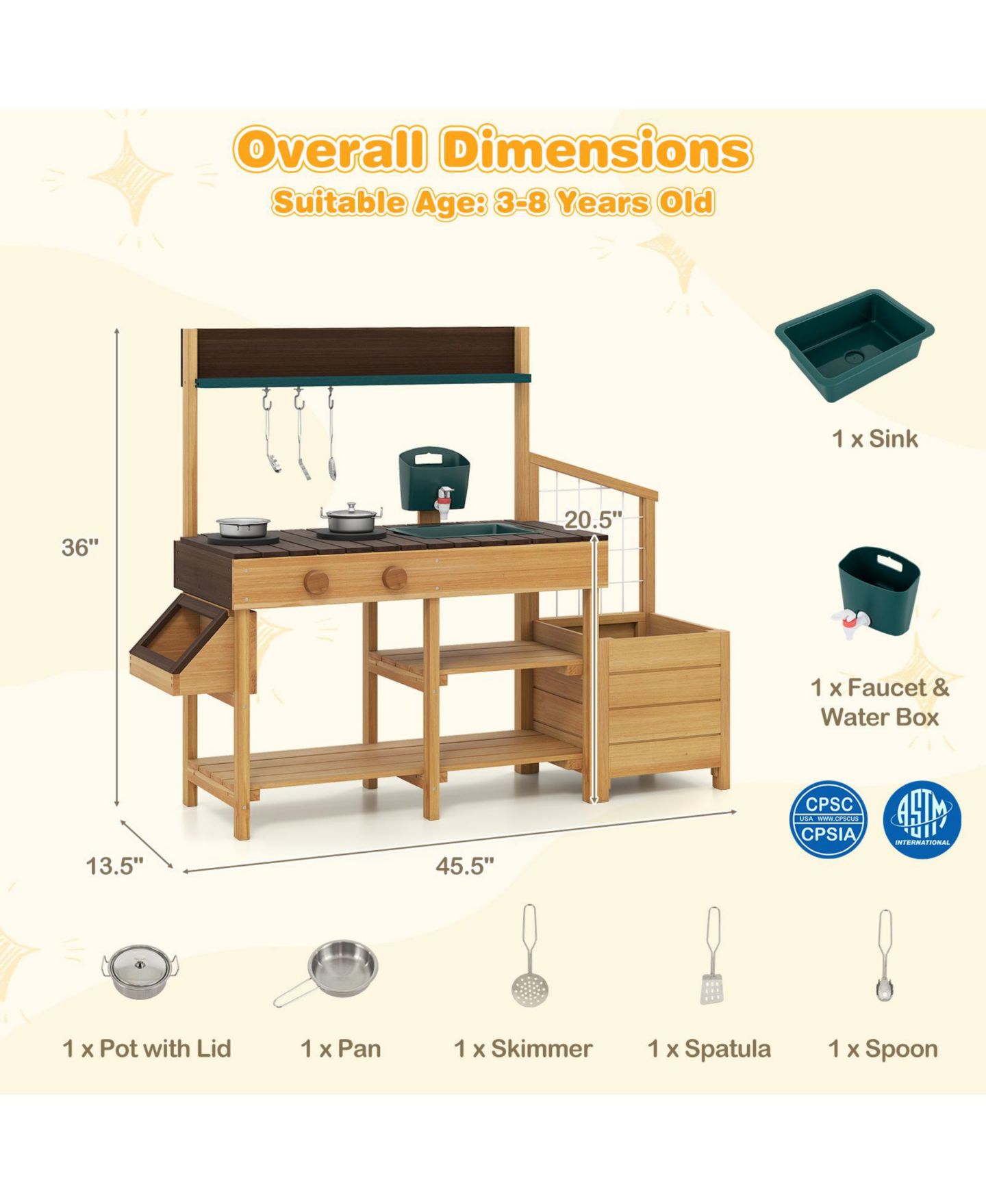 Игровой набор Mecale Mud Kitchen с ящиком для растений, 9 предметов, от 3 лет, цвет: Коричневый — фото 2