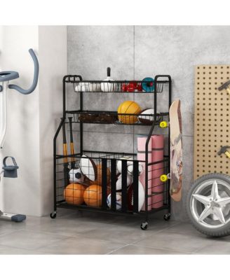 Garage Sports Equipment Organizer w/ Wheels Hooks & Baskets for Basketball