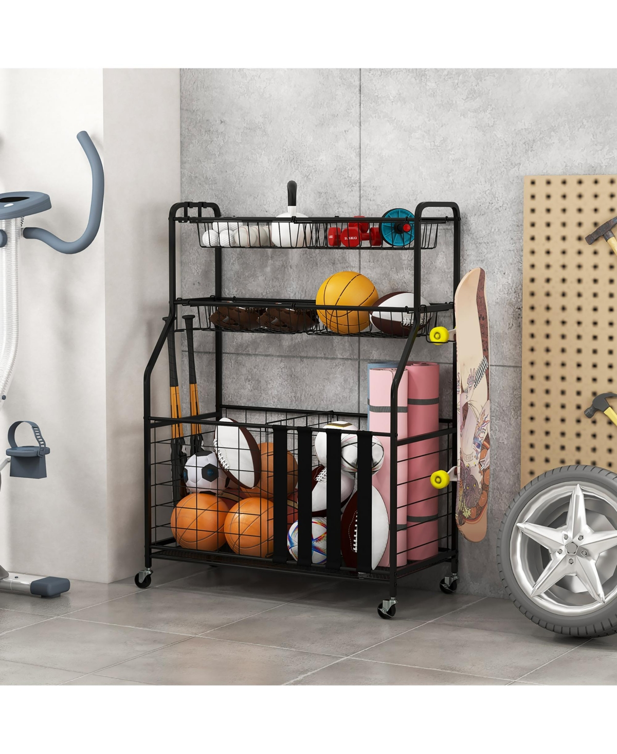 Gymax Garage Sports Equipment Organizer w/ Wheels Hooks & Baskets for Basketball