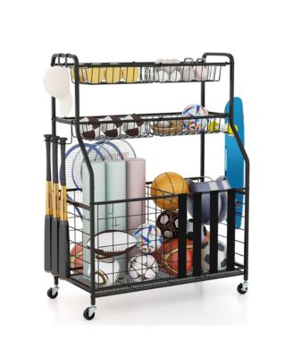 Garage Sports Equipment Organizer w/ Wheels Hooks & Baskets for Basketball